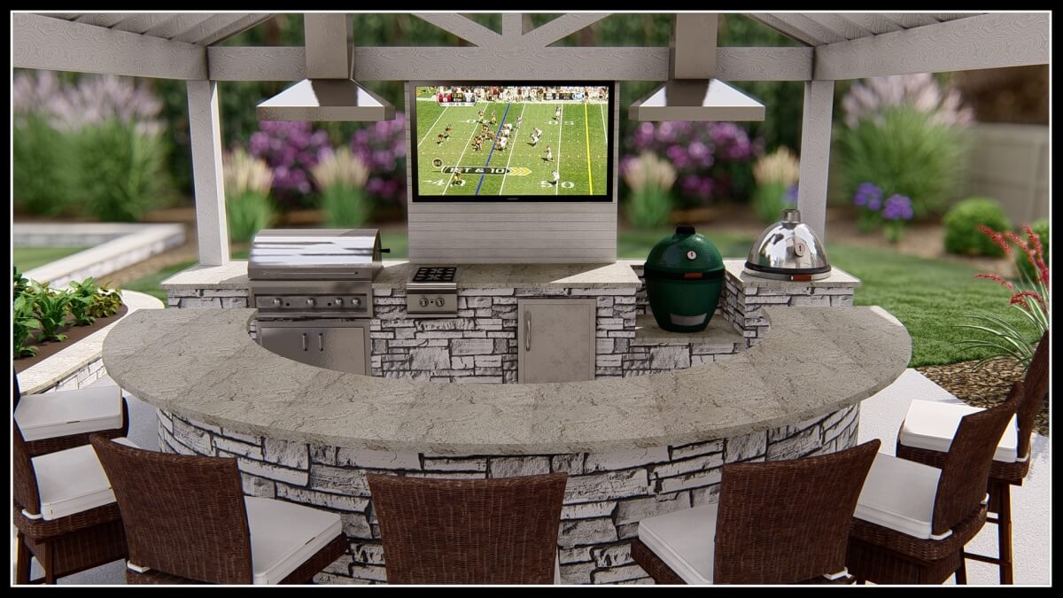 backyard outdoor hardscaped bar with grill, smokers, and stainless steel grill