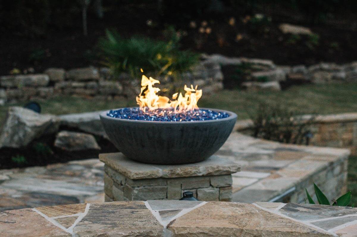 backyard firebowl on stone hardscape