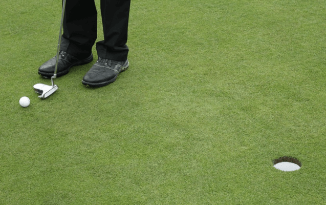 golfer with black pants and shoes lining up putt on backyard putting green