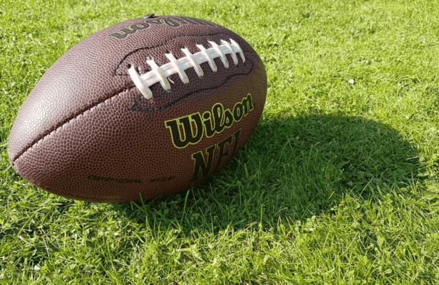 brown leather football on green grass in bright sunlight casting a shadow